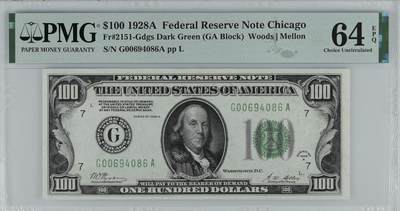 《艾美收藏》第229期-1.18周日外币荟萃 - 美国1928A版100美元PMG64E原票 Dark Green 老版本雕刻精美