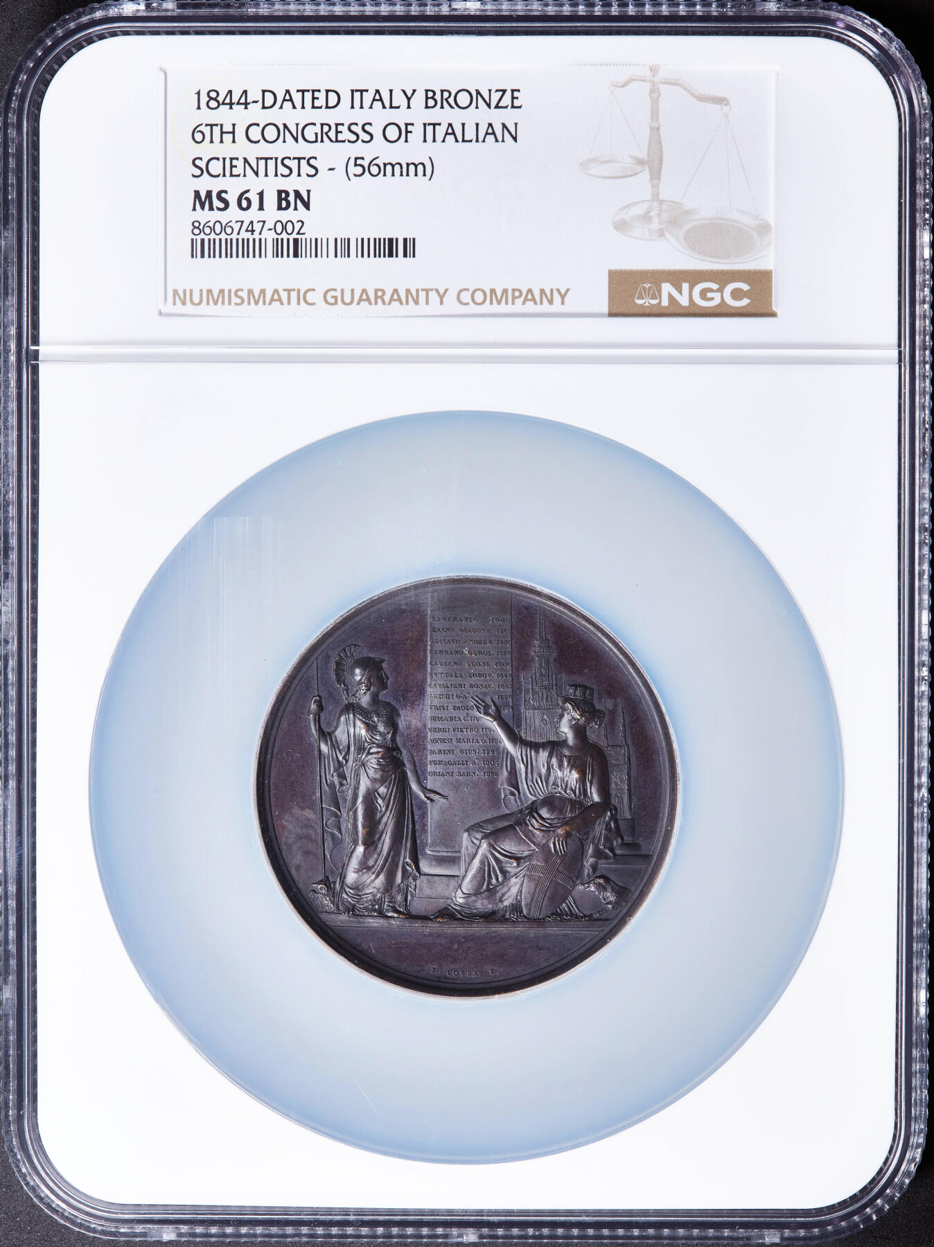 【俄甄集藏】“万象更新、马呈祥瑞”迎新春俄甄精品场-2026年(047)01-21 星期三 晚 19:30 全场包邮 意大利1844年纪念第六届国立科学家代表大会在米兰召开大铜章，NGC MS61，紫罗兰包浆，高浮雕，类精制底板，直径56mm