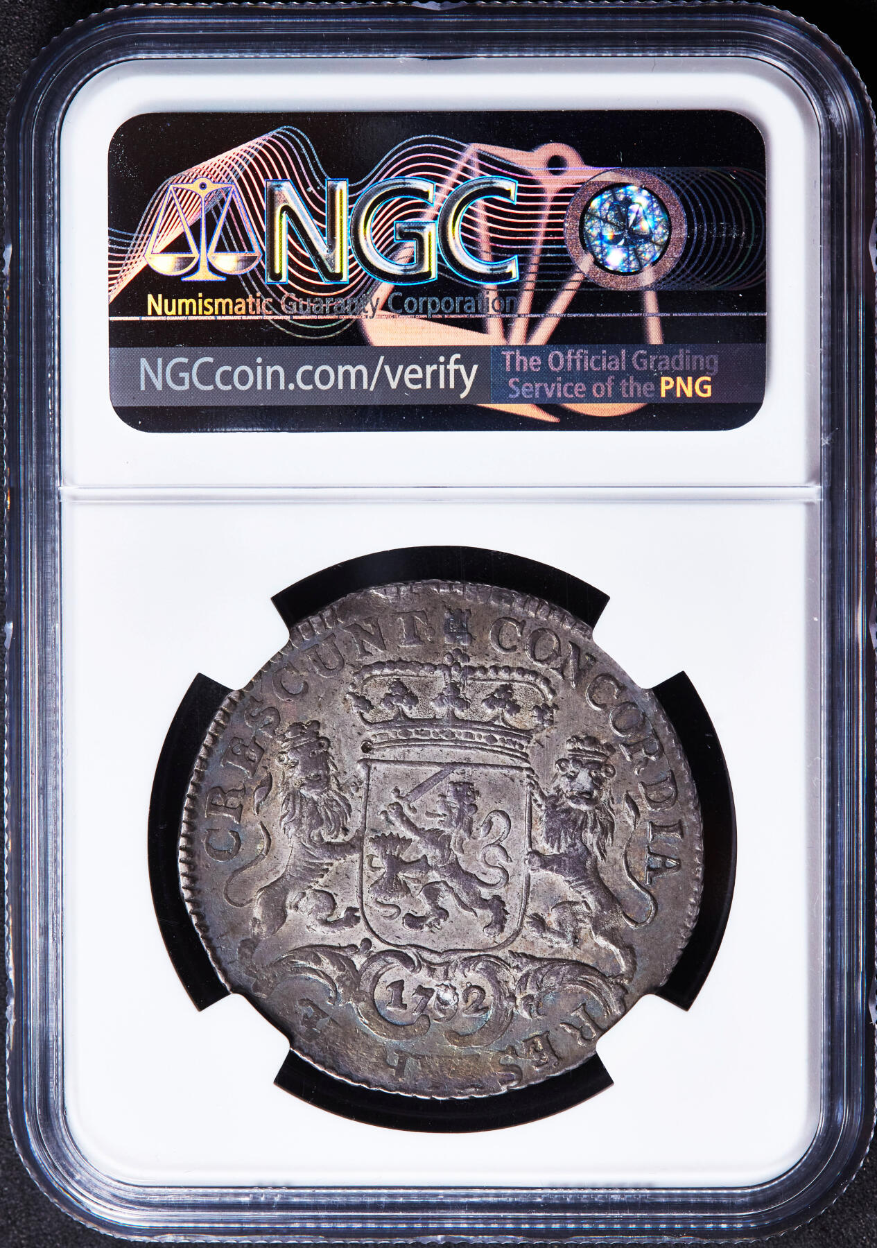 【俄甄集藏】“万象更新、马呈祥瑞”迎新春俄甄精品场-2026年(047)01-21 星期三 晚 19:30 全场包邮 荷兰1792年泽兰省马剑1/2杜卡特银币，NGC AUD，五彩酱彩老包浆，味道一流，币面无明显损伤