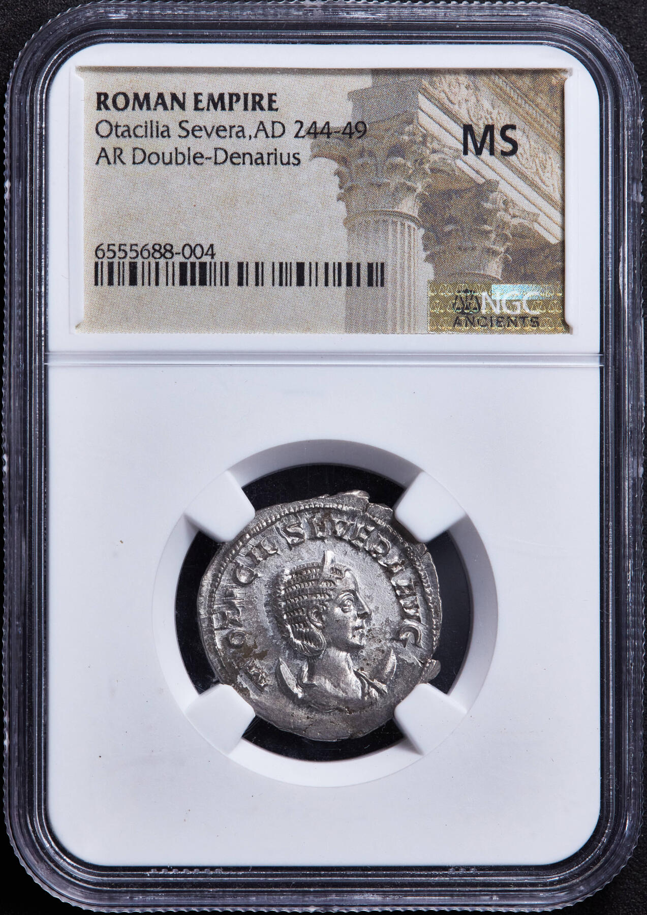 【俄甄集藏】“万象更新、马呈祥瑞”迎新春俄甄精品场-2026年(047)01-21 星期三 晚 19:30 全场包邮 古罗马帝国公元244-249年奥塔西莉亚·塞维拉皇后双第纳尔和谐女神银币，NGC MS，罗马造币厂打制，正面皇后奥塔西莉亚·塞维拉右像，背面和谐女神手持丰饶角坐像，打制清晰，银光闪闪，MS难得