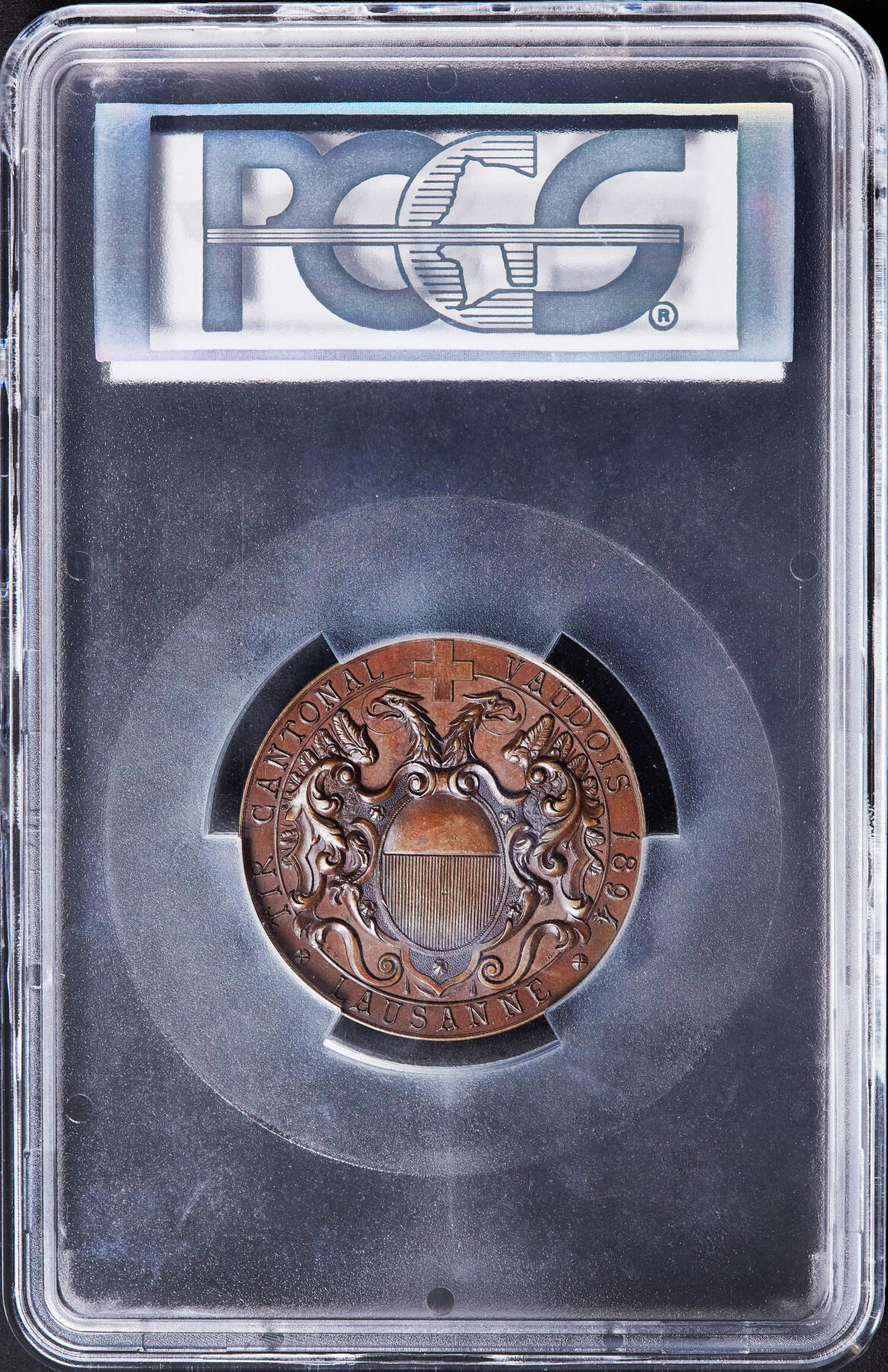 【俄甄集藏】“万象更新、马呈祥瑞”迎新春俄甄精品场-2026年(047)01-21 星期三 晚 19:30 全场包邮 瑞士1894纪念洛桑联邦射击节大铜章，PCGS SP63，巧克力包浆，高浮雕，经典品种，直径：45mm