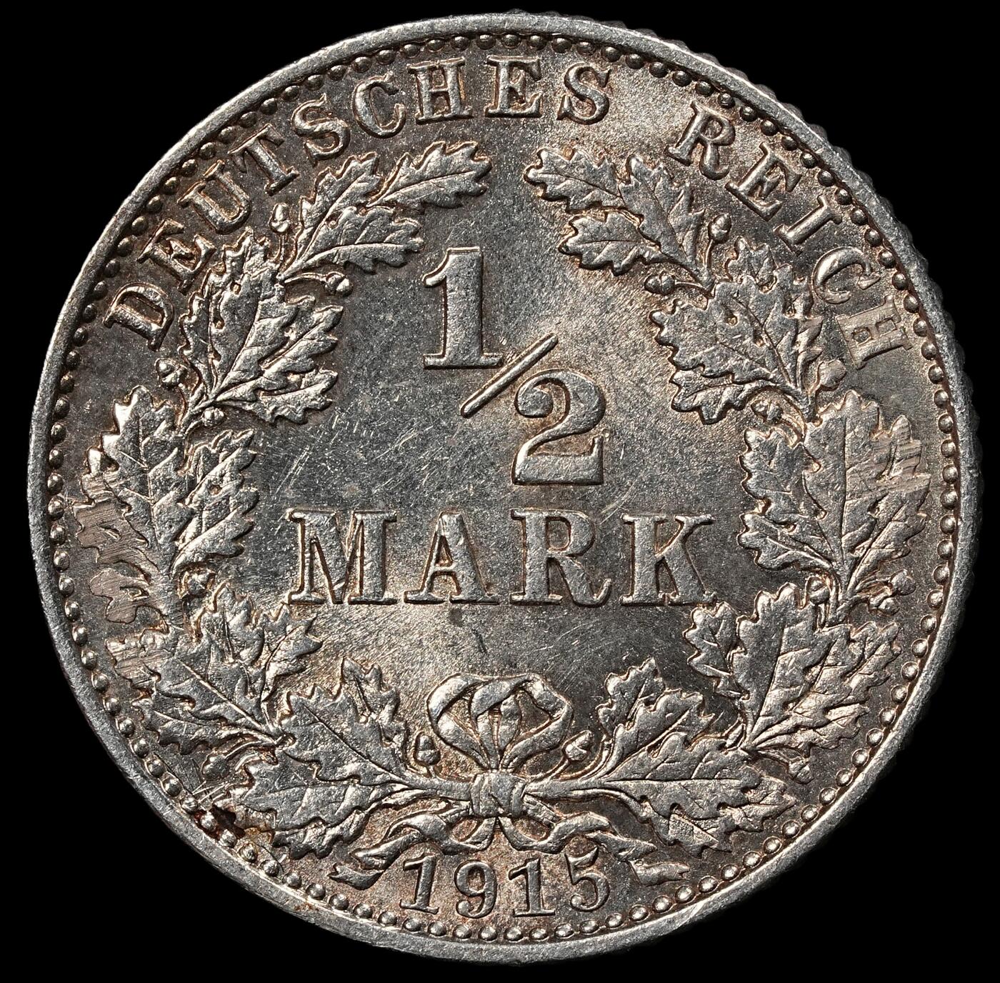 修遠堂世界钱币第101期 1915年德国1/2马克银币 E厂铭，未流通，2.77g，含银90%