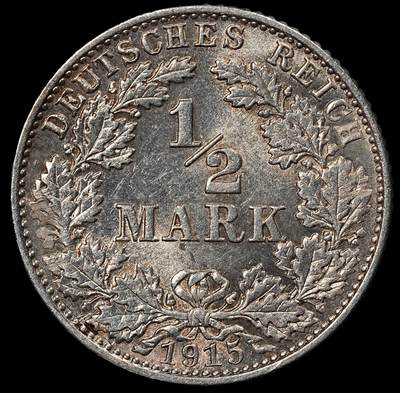 修遠堂世界钱币第101期 - 1915年德国1/2马克银币 E厂铭，未流通，2.77g，含银90%