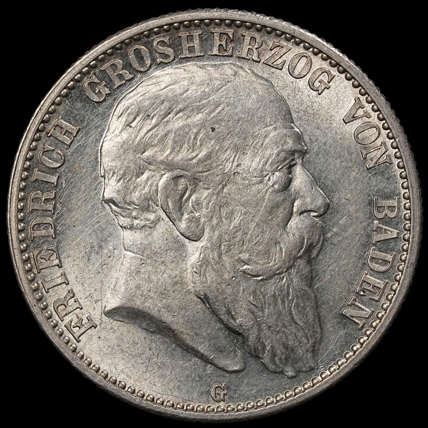 修遠堂世界钱币第101期 1907年巴登2马克银币，带光，11.08g，含银90%