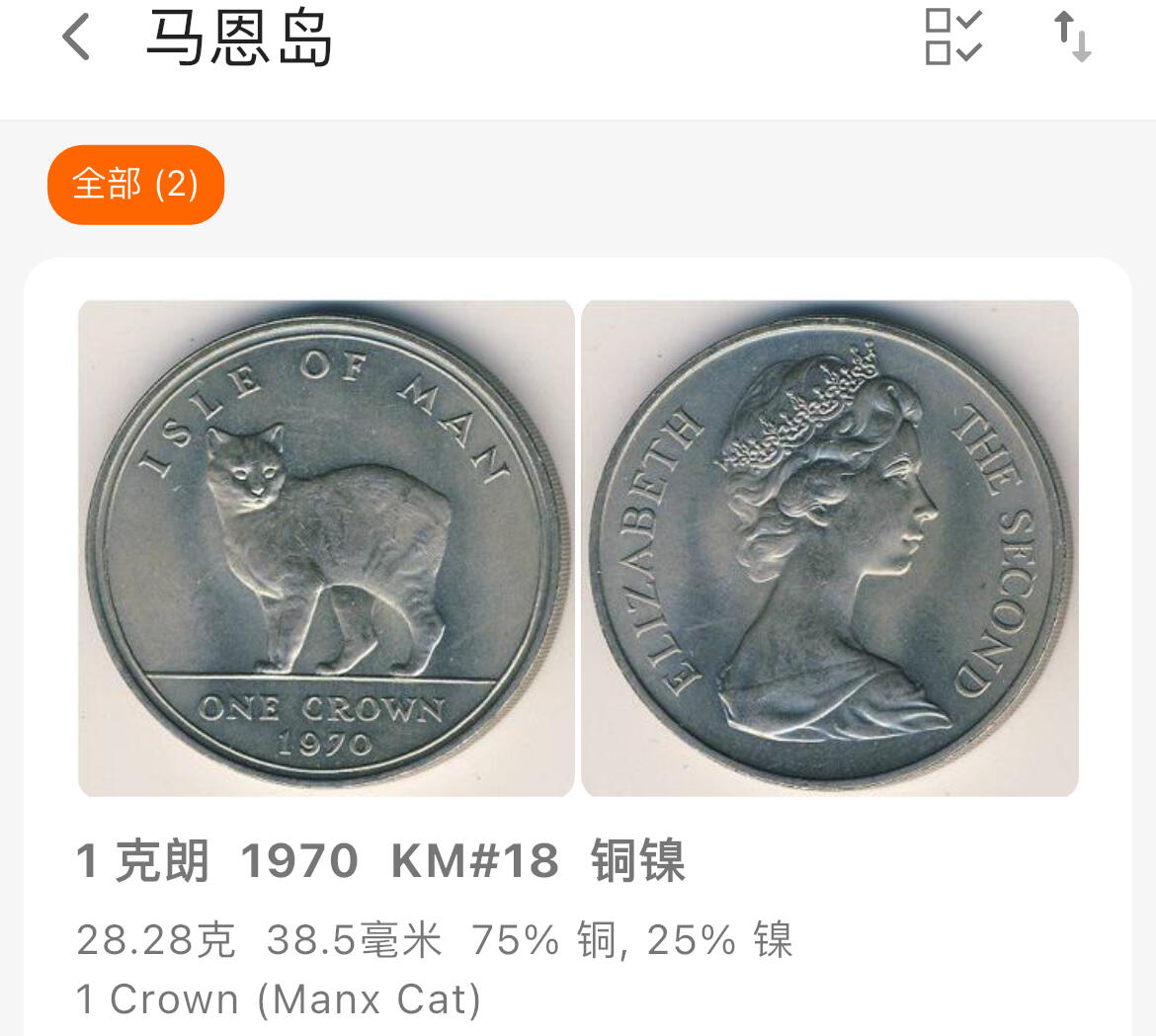 回流0120 较少 英属马恩岛1970年1克朗 无尾猫 直径38.5毫米