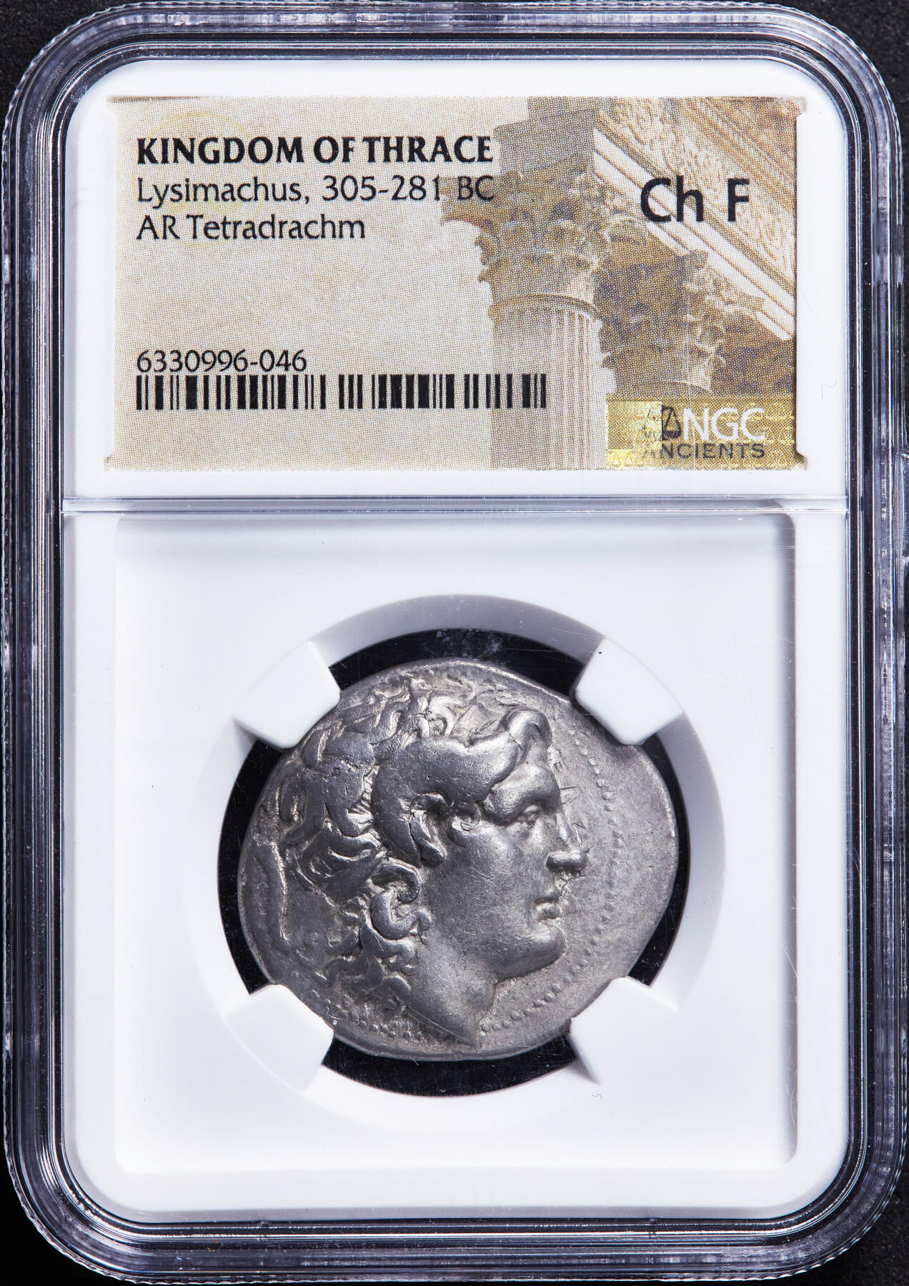 【俄甄集藏】“万象更新、马呈祥瑞”迎新春俄甄精品场-2026年(047)01-21 星期三 晚 19:30 全场包邮 古希腊色雷斯公元前294-前287年利西马科斯在世版四德拉克马亚历山大公羊角银币，NGC ChF，以弗所造币厂打制，正面亚历山大大帝公羊角头像，背面战争和智慧女神雅典娜坐像，肩上斜靠着一只长矛一手倚靠圆盾，底部有一新月，高浮雕，少见