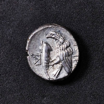 【俄甄集藏】“万象更新、马呈祥瑞”迎新春俄甄精品场-2026年(047)01-21 星期三 晚 19:30 全场包邮 - 古希腊莫西亚伊斯特罗斯城公元前4世纪双子座一德拉克马银币，正面是代表双子座的一正一倒两男孩头像，背面鹰啄食海豚，上方币文：“伊斯特罗斯”，直径：17mm，重量：4.59克，少见品种，底光犹存