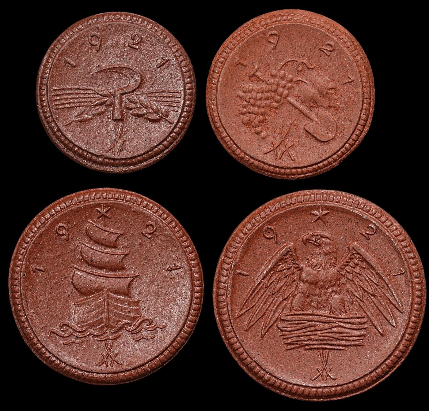 修遠堂世界钱币第101期 1921年德国紧急时期萨克森陶瓷币四枚 完全未流通