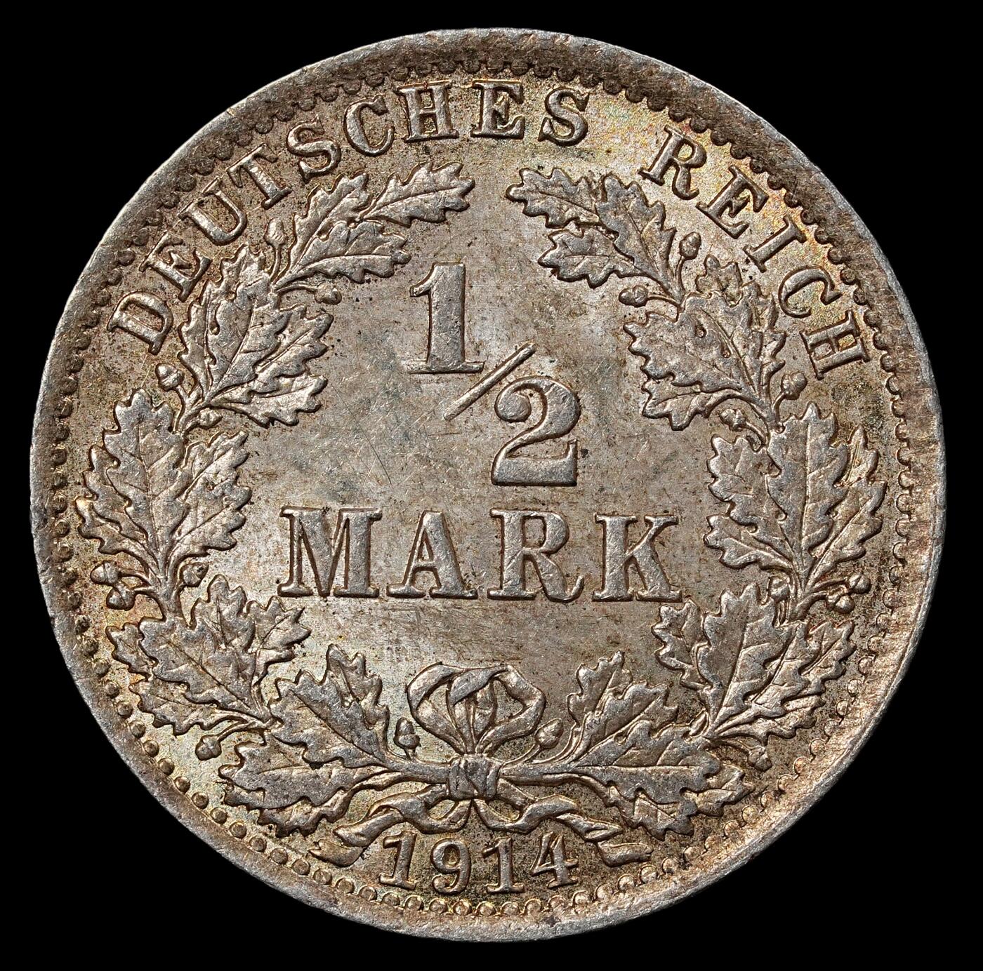 修遠堂世界钱币第101期 1914年德国1/2马克银币 A厂铭，未流通，2.77g，含银90%