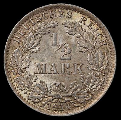 修遠堂世界钱币第101期 - 1914年德国1/2马克银币 A厂铭，未流通，2.77g，含银90%