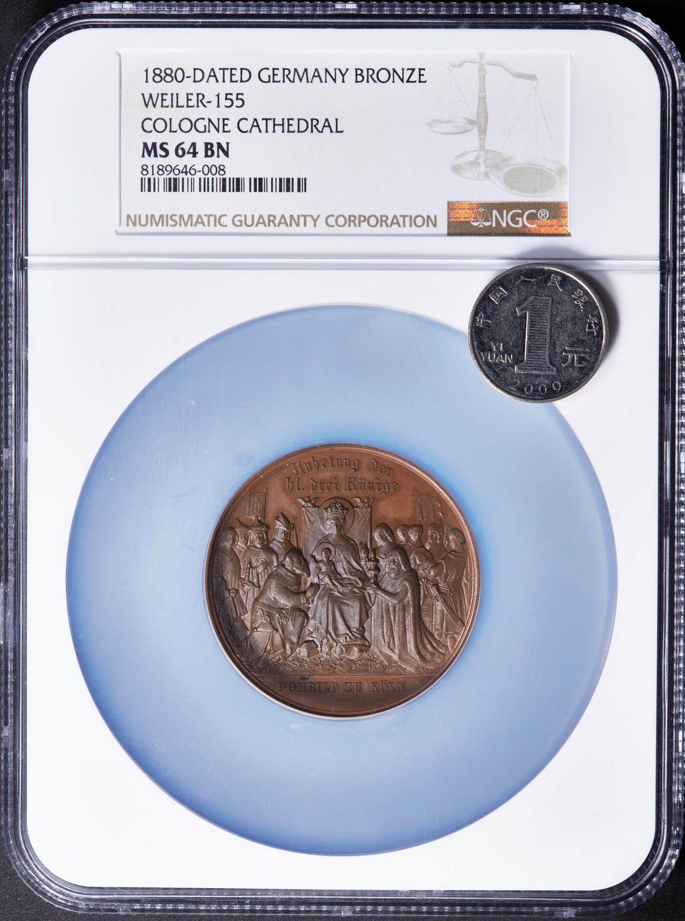 【俄甄集藏】“万象更新、马呈祥瑞”迎新春俄甄精品场-2026年(047)01-21 星期三 晚 19:30 全场包邮 德国1880年纪念科隆大教堂竣工大铜章，NGC MS64，高浮雕，设计精美，直径：48mm