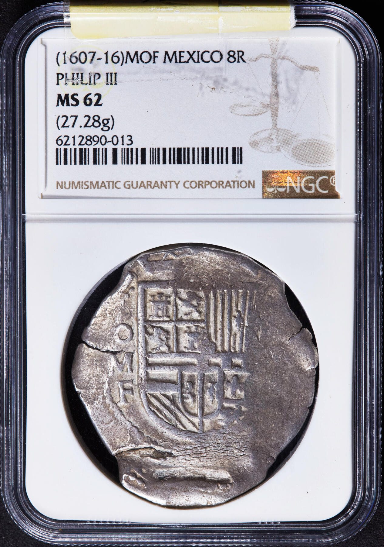【俄甄集藏】“万象更新、马呈祥瑞”迎新春俄甄精品场-2026年(047)01-21 星期三 晚 19:30 全场包邮 西属墨西哥1607-1616年费利佩三世MOF版8里亚尔COB切割大银币，NGC MS62，黄油彩原光品相，顶级状态，毫无疑问的唯一冠军分数，重27.28克