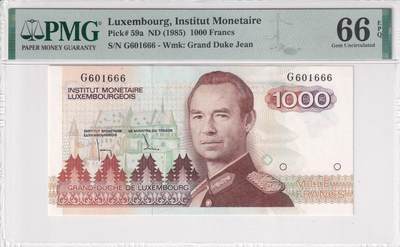【礼羽收藏】🌏世界钱币拍卖第121期 - PMG66 欧洲 卢森堡 1985年 1000法郎 精品号码无3457豹子666