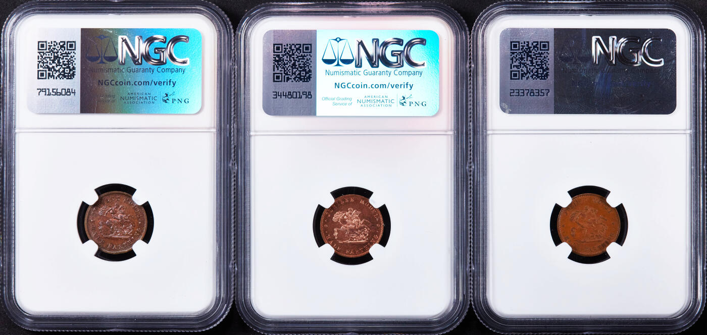 【俄甄集藏】“万象更新、马呈祥瑞”迎新春俄甄精品场-2026年(047)01-21 星期三 晚 19:30 全场包邮 英国1887年维多利亚高冠版1/2法新试机模具代用铜币3枚一组，NGC AU58-MS64RB，转光品相