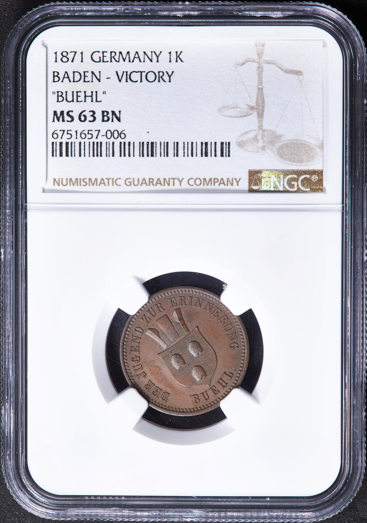 【俄甄集藏】“万象更新、马呈祥瑞”迎新春俄甄精品场-2026年(047)01-21 星期三 晚 19:30 全场包邮 德国巴登1871年纪念普法战争胜利暨德意志帝国诞生1克鲁泽纪念铜币，NGC MS63，设计精美，类精制底板，巧克力包浆，稀少品种，季军