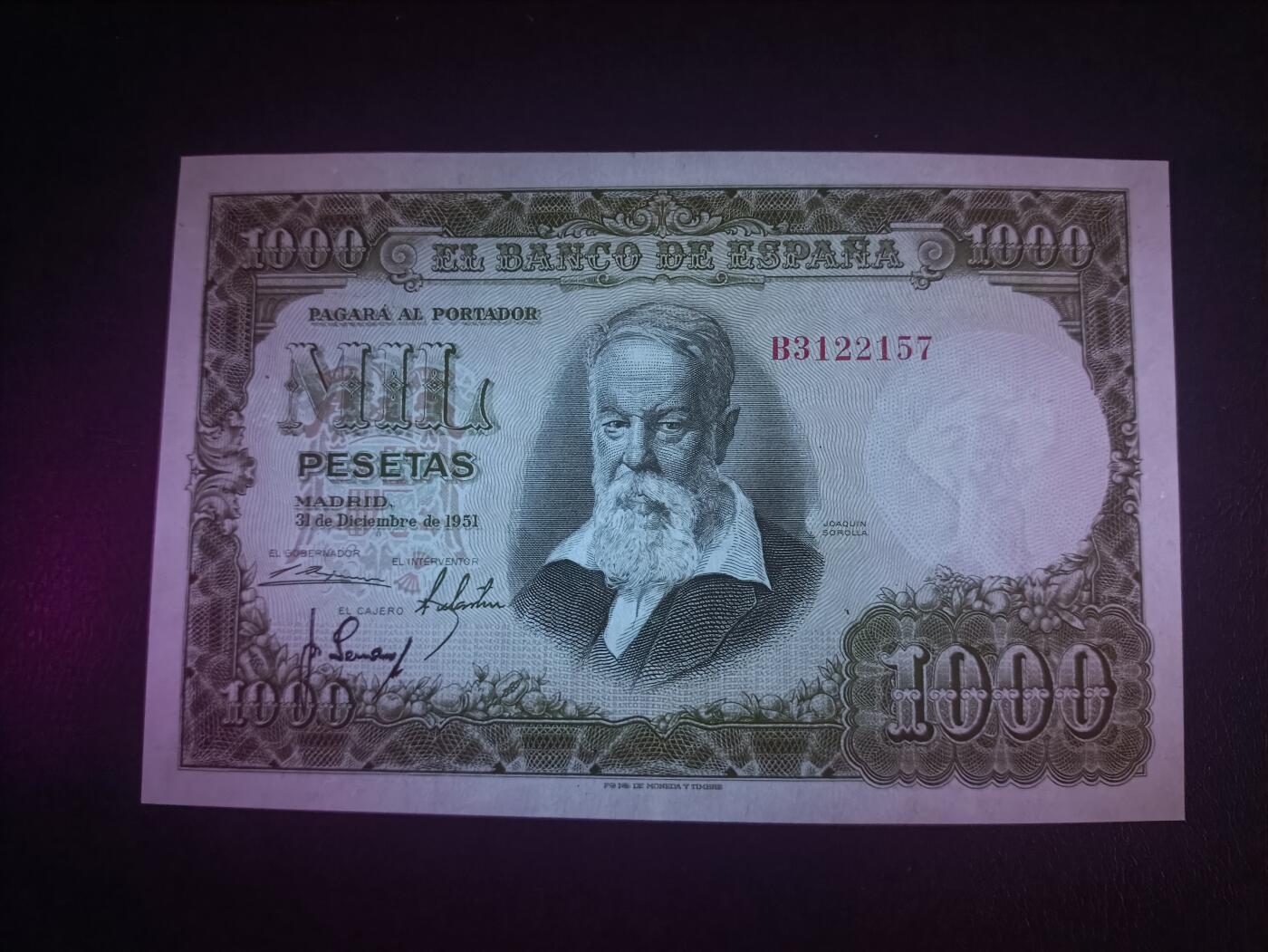 2026一月第三期，总213期 西班牙1951版1000比塞塔UNC-，画家华金和他的画作《巴伦西亚的婚礼》，少见早期大方块品种