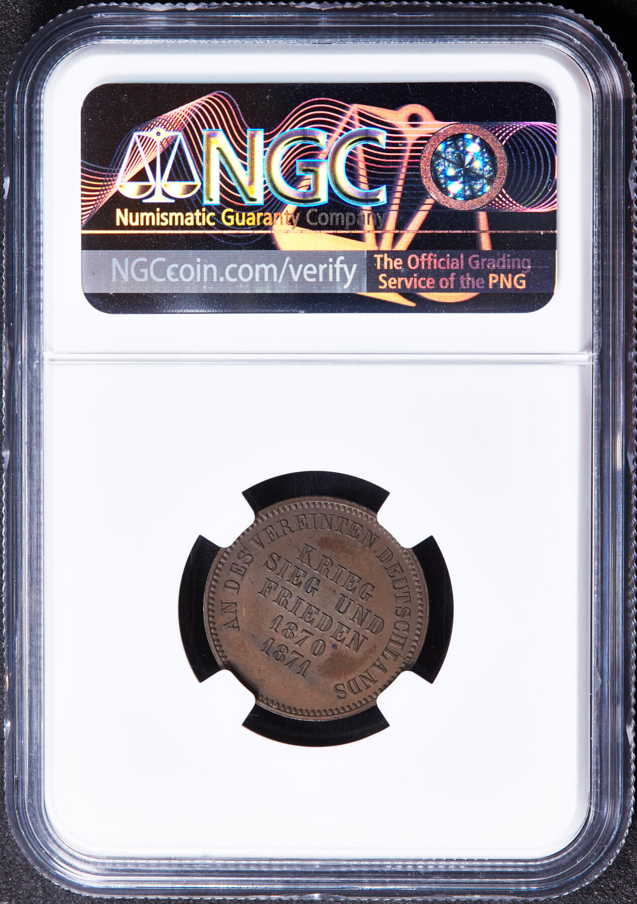 【俄甄集藏】“万象更新、马呈祥瑞”迎新春俄甄精品场-2026年(047)01-21 星期三 晚 19:30 全场包邮 德国巴登1871年纪念普法战争胜利暨德意志帝国诞生1克鲁泽纪念铜币，NGC MS63，设计精美，类精制底板，巧克力包浆，稀少品种，季军