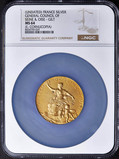 【俄甄集藏】“万象更新、马呈祥瑞”迎新春俄甄精品场-2026年(047)01-21 星期三 晚 19:30 全场包邮 - 法国19世纪末塞纳-瓦兹省总委员会颁发法兰西女神造像新艺术运动时期镀金纪念大银章，NGC MS64，金水足，顶级状态，直径：50mm，丰饶角铭