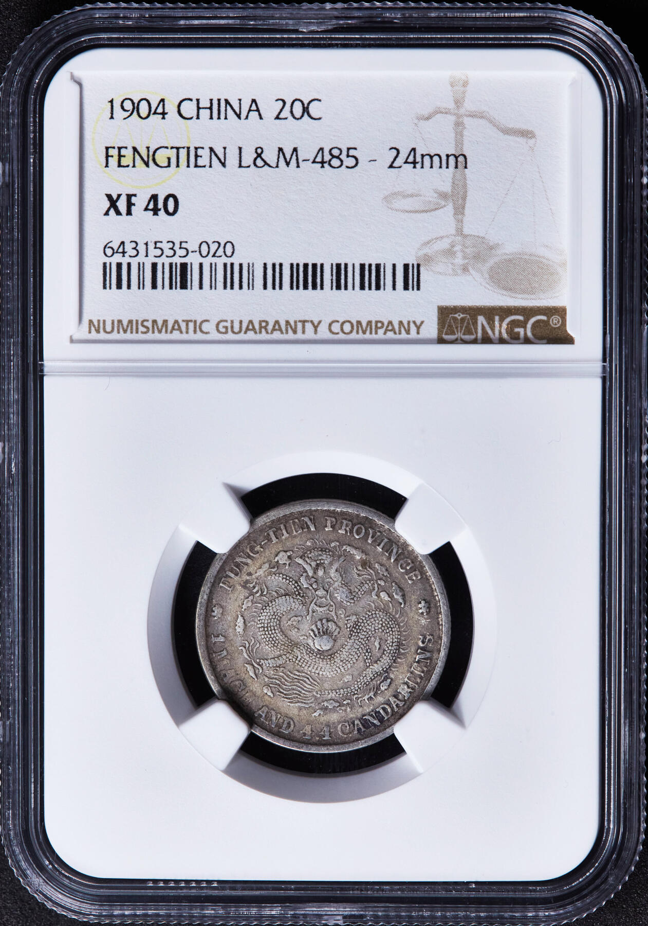 【俄甄集藏】“万象更新、马呈祥瑞”迎新春俄甄精品场-2026年(047)01-21 星期三 晚 19:30 全场包邮 中国清代1904年奉天甲辰光绪元宝库平一钱四分四厘龙洋银币，NGC XF40，黄油酱彩老味道，名誉品种