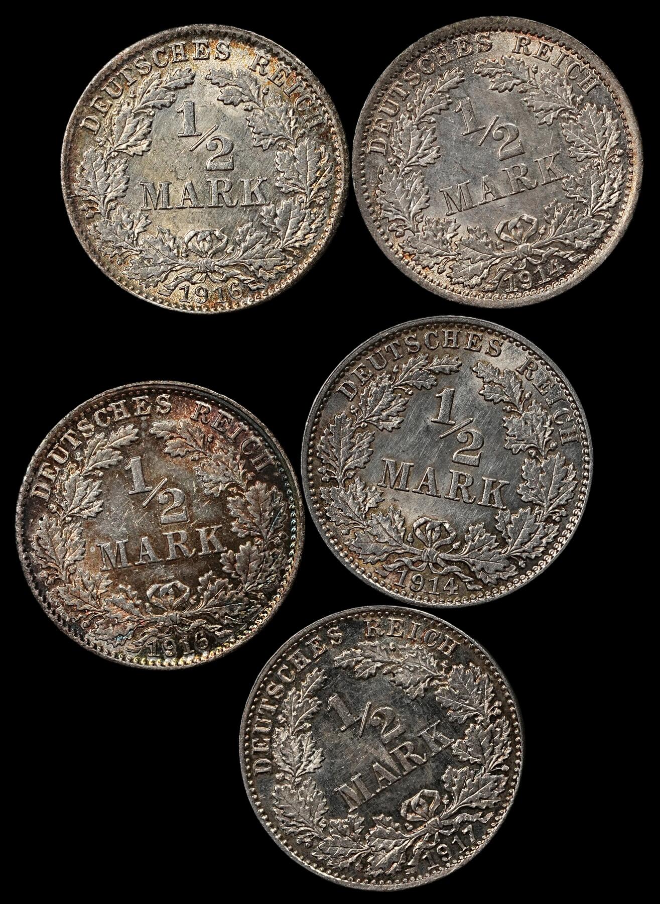 修遠堂世界钱币第101期 德国1/2马克银币一组，总重13.88g，含银90%