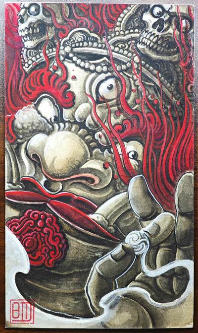 白泽拍卖卡牌手绘专场第31期（岁寒知松柏 春意已可期） - 2025 刘晓明手绘小画 大黑天 尺寸：10.8cm*20.4cm  刘晓明钤印