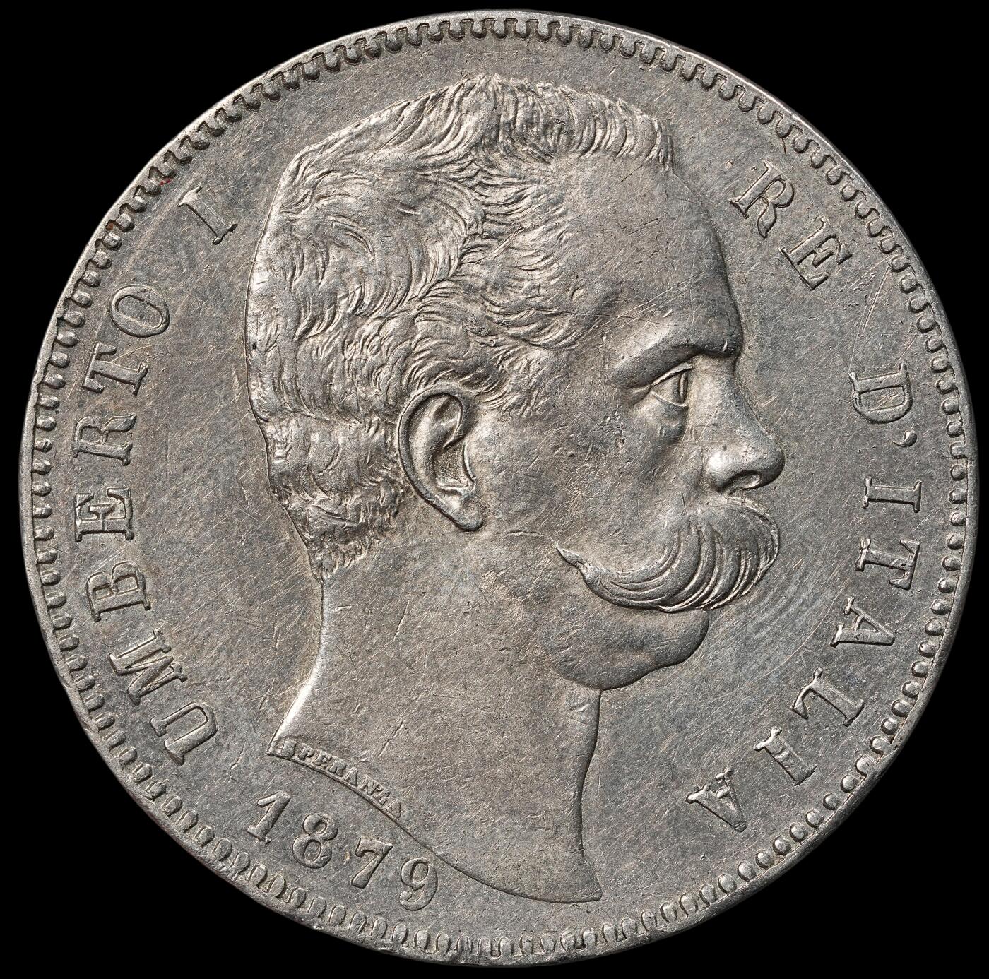 修遠堂世界钱币第101期 1879年意大利5里拉大银币，24.96g，含银90%，此版头像仅发行两年