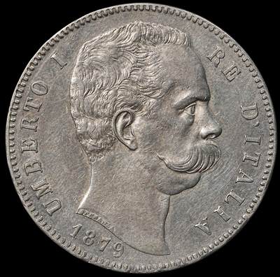 修遠堂世界钱币第101期 - 1879年意大利5里拉大银币，24.96g，含银90%，此版头像仅发行两年