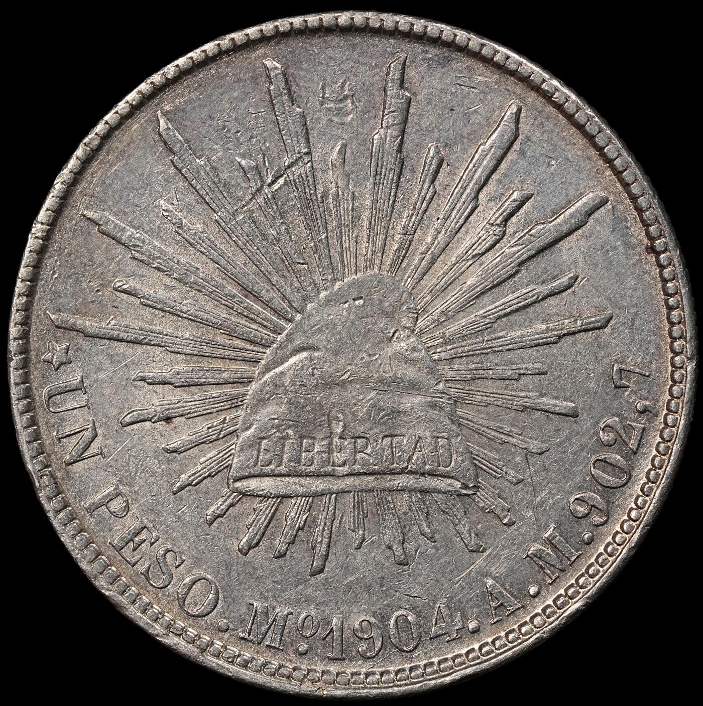 修遠堂世界钱币第101期 1904 年墨西哥1比索（UN PESO）鹰洋大银币，27.10g，含银90%