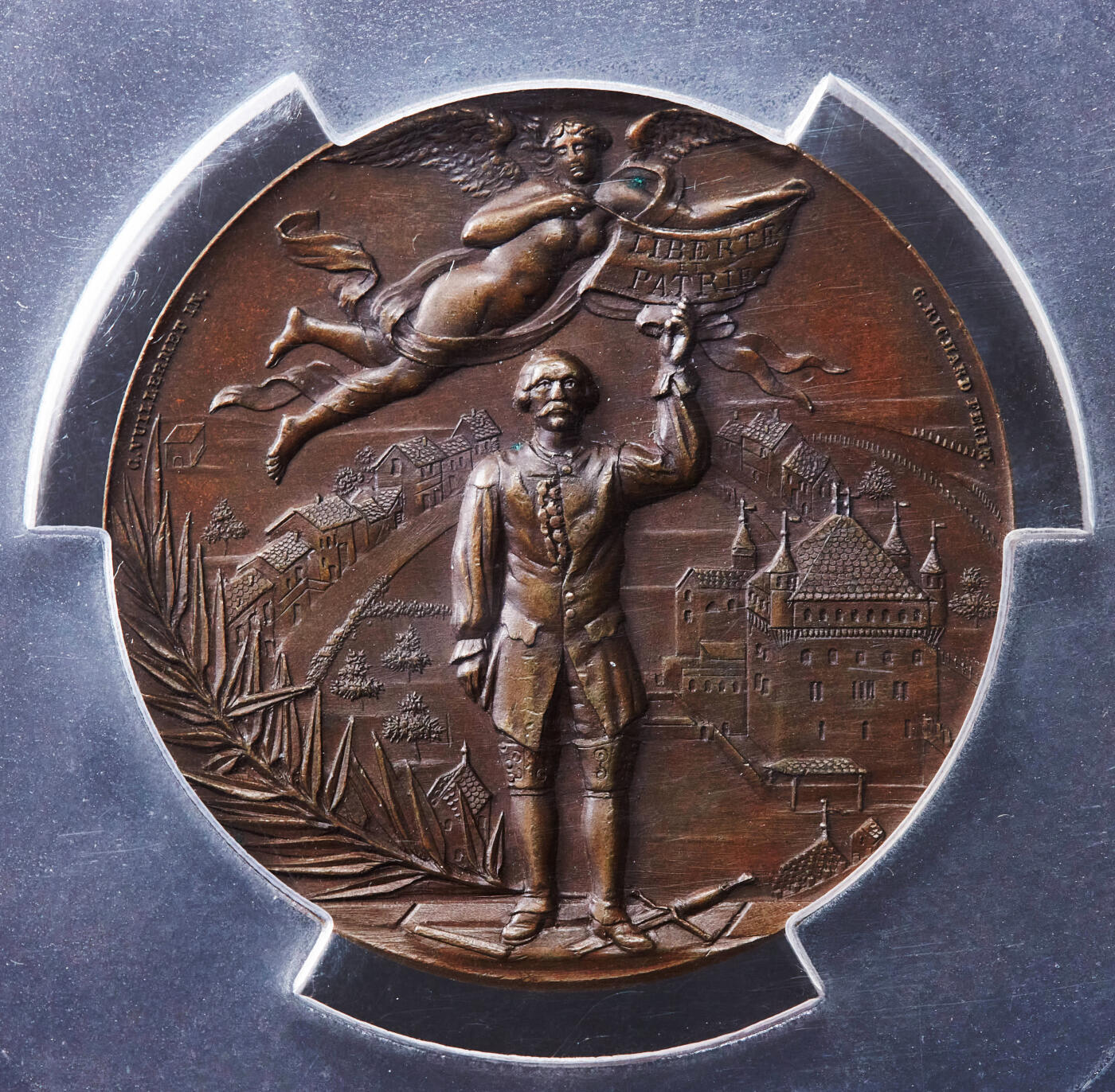 【俄甄集藏】“万象更新、马呈祥瑞”迎新春俄甄精品场-2026年(047)01-21 星期三 晚 19:30 全场包邮 瑞士1894纪念洛桑联邦射击节大铜章，PCGS SP63，巧克力包浆，高浮雕，经典品种，直径：45mm