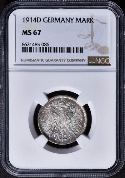 【俄甄集藏】“万象更新、马呈祥瑞”迎新春俄甄精品场-2026年(047)01-21 星期三 晚 19:30 全场包邮 - 德国1914年D版1马克银币，NGC MS67，底板凝霜，无懈可击的车轮转光，顶级分数