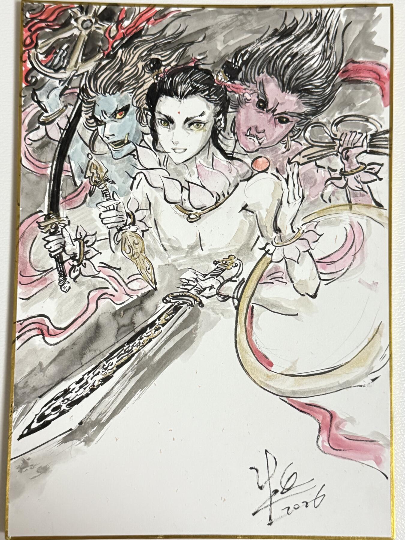 寸草不生拍卖第十八期  亲签手绘 A4手绘色纸 三头六臂哪吒 （正面齐天大圣）画师：半廷