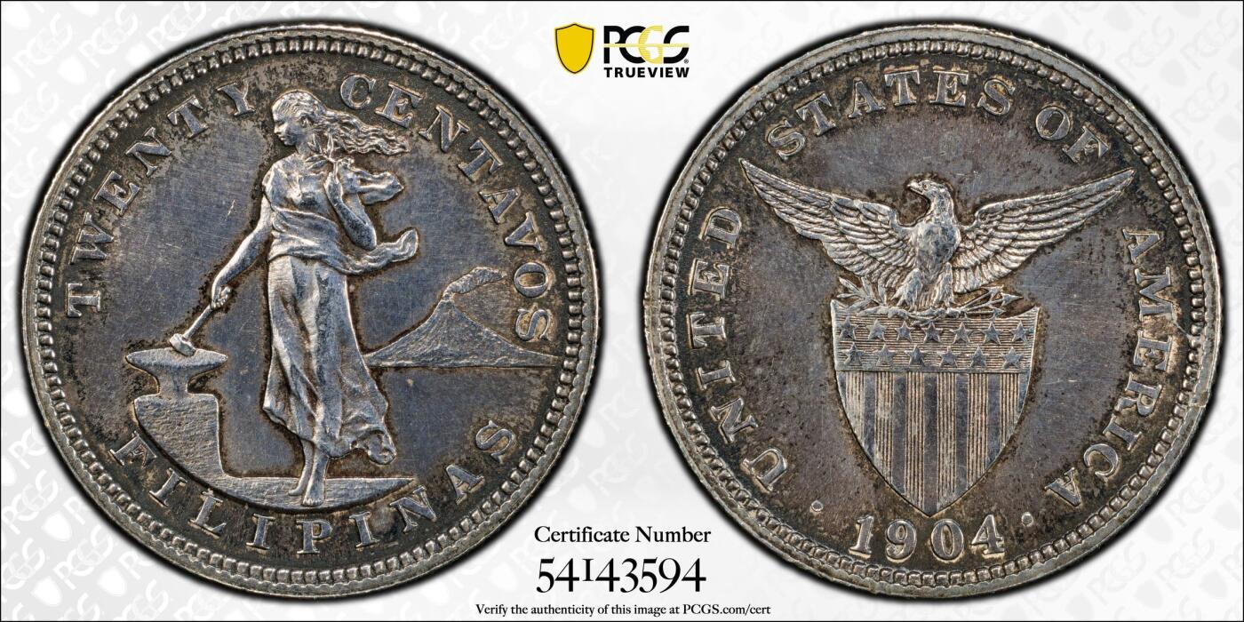 博洋堂世界钱币拍卖第157期（全场包邮） PCGS PR63 美属菲律宾1904年20分精制银币，罕见PROOF，麦稀奇首见