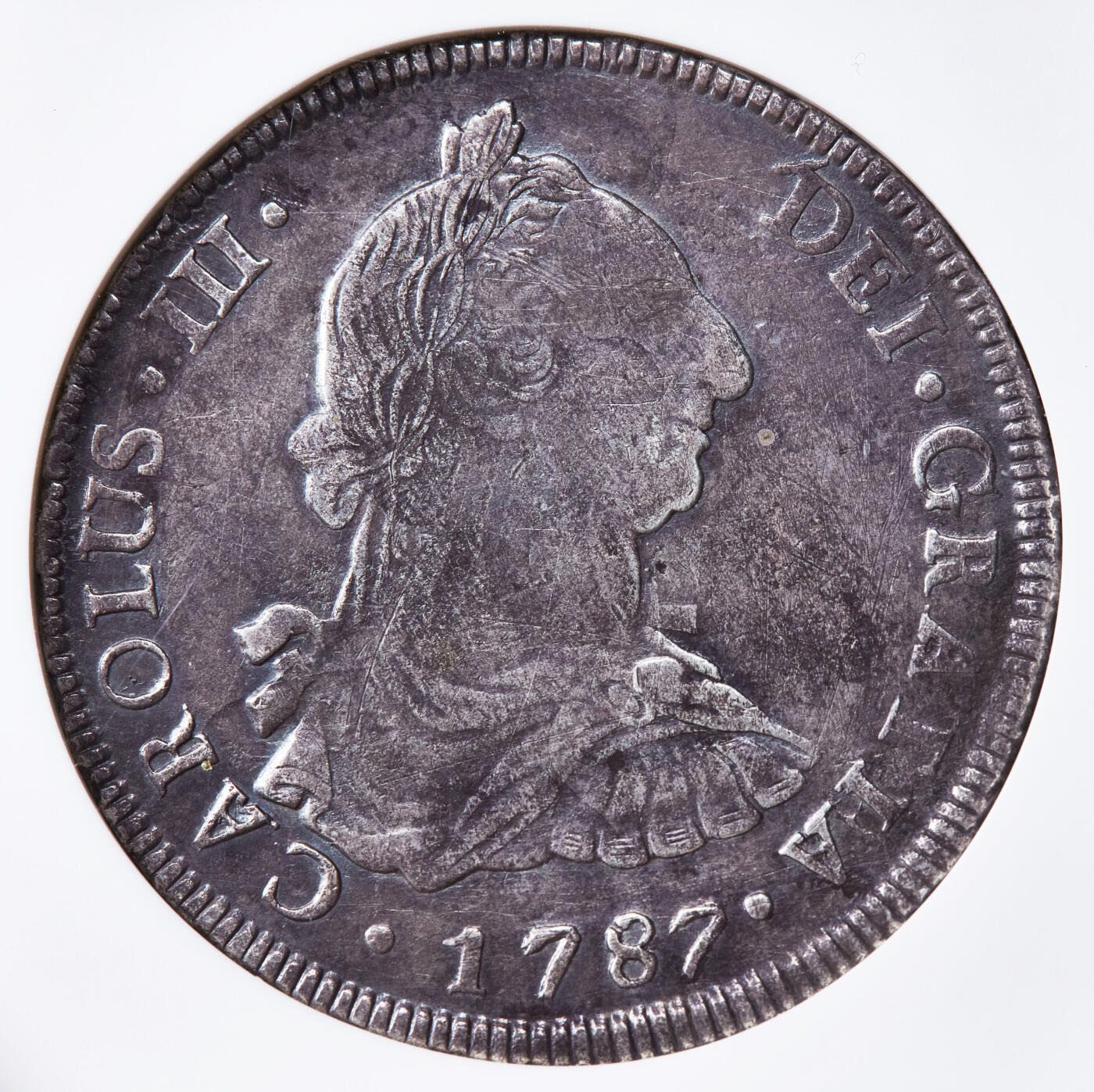 【俄甄集藏】“万象更新、马呈祥瑞”迎新春俄甄精品场-2026年(047)01-21 星期三 晚 19:30 全场包邮 西属玻利维亚1787年卡洛斯三世PTS PR版8里亚尔双柱大银币，NGC VFD，紫罗兰酱彩老包浆，味道难得