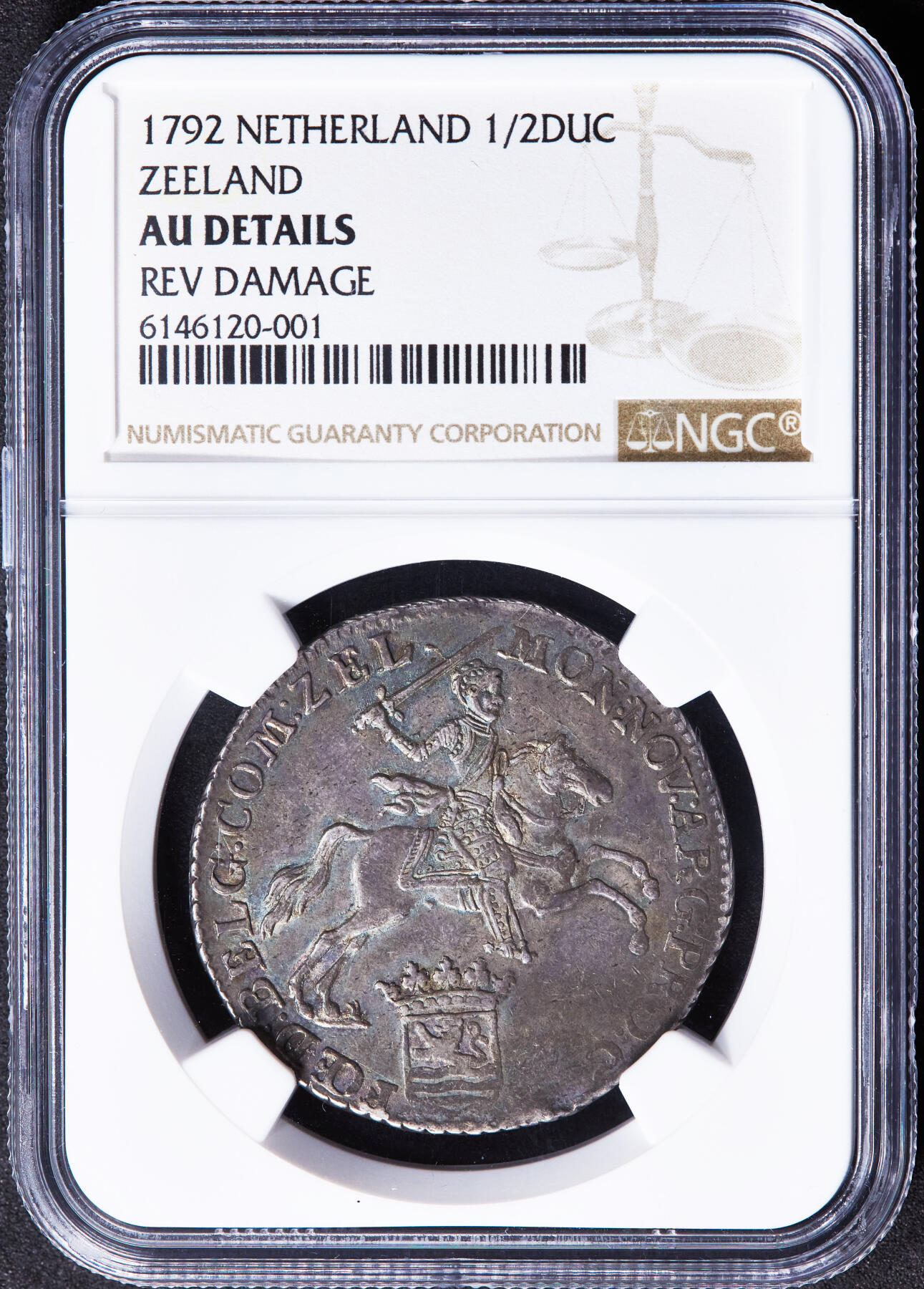 【俄甄集藏】“万象更新、马呈祥瑞”迎新春俄甄精品场-2026年(047)01-21 星期三 晚 19:30 全场包邮 荷兰1792年泽兰省马剑1/2杜卡特银币，NGC AUD，五彩酱彩老包浆，味道一流，币面无明显损伤