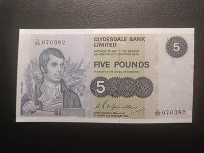 2026一月第三期，总213期 - 苏格兰克莱斯戴勒1976年5镑UNC，诗人伯恩斯和他诗歌意境中的田鼠，少见早期年份