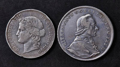 【俄甄集藏】“万象更新、马呈祥瑞”迎新春俄甄精品场-2026年(047)01-21 星期三 晚 19:30 全场包邮 - 神圣罗马帝国-奥地利萨尔茨堡1786年亲王大主教希罗尼穆斯·冯·科洛雷多1泰勒大银币+瑞士联邦1890年女神B版5法郎大银币，两枚一组，原味包浆