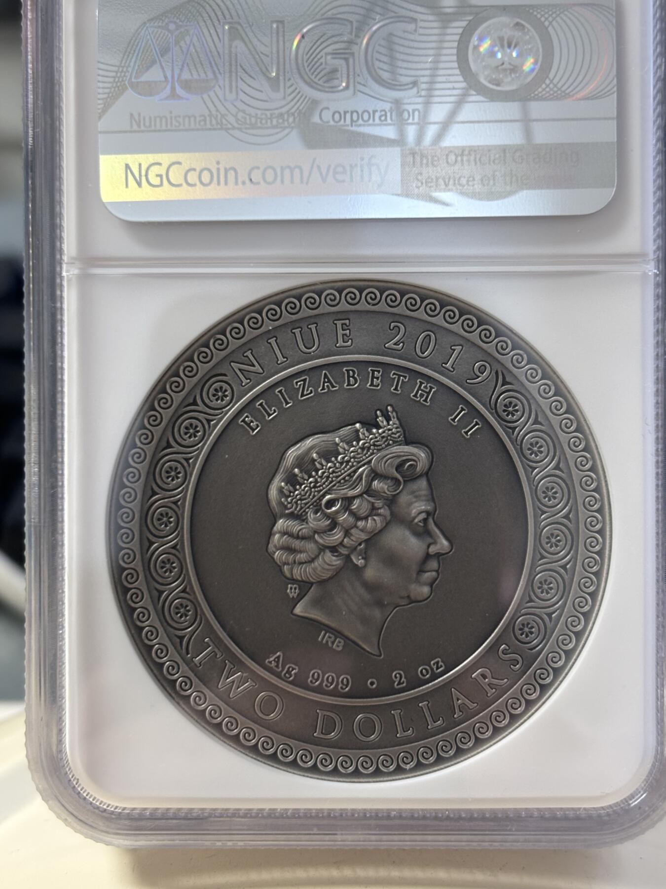 第188期拍卖 纽埃2019年狩猎女神2盎司高浮雕银币NGC-MS70，2盎司，999银，发行500枚