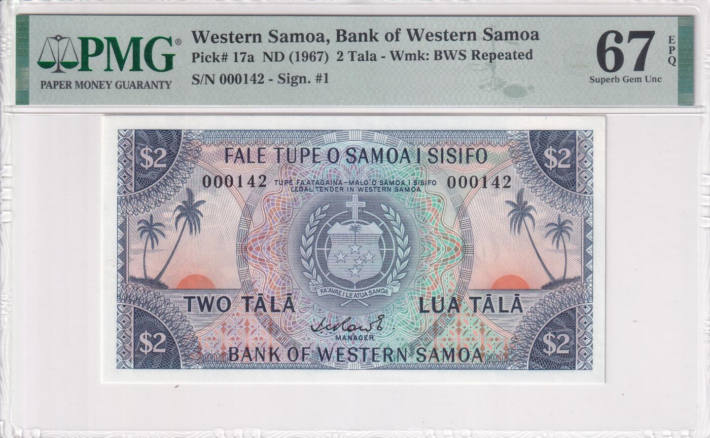 【礼羽收藏】🌏世界钱币拍卖第121期 PMG67 大洋洲 西萨摩亚 1967年 2塔拉 百位小号142号