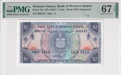 【礼羽收藏】🌏世界钱币拍卖第121期 - PMG67 大洋洲 西萨摩亚 1967年 2塔拉 百位小号142号
