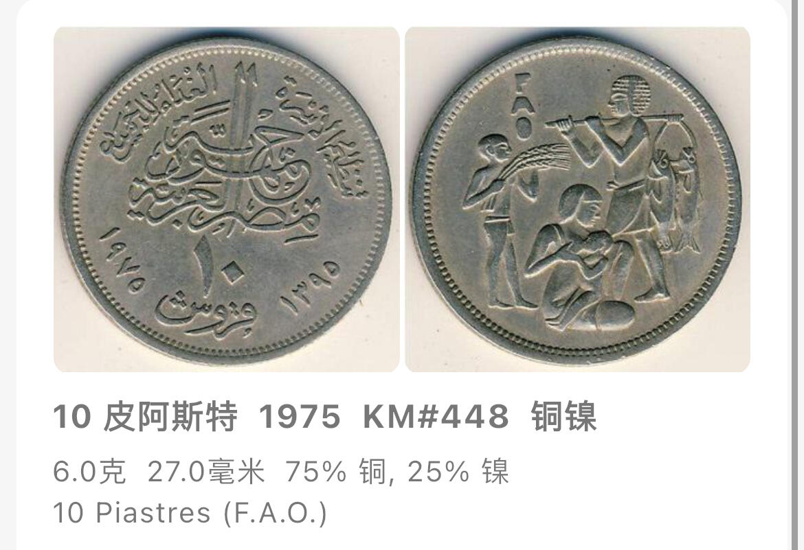 回流0120 全新 埃及1975年5、10皮阿斯特FAO纪念币两枚