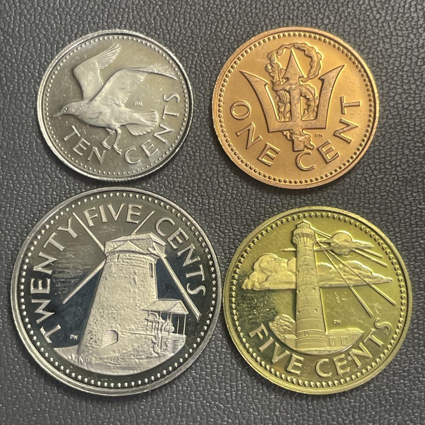 回流0120 巴巴多斯1分（三叉戟与帆船）5分（南点灯塔）10分（波拿巴燕鸥）25分（蔗糖风车）精制纪念币4枚