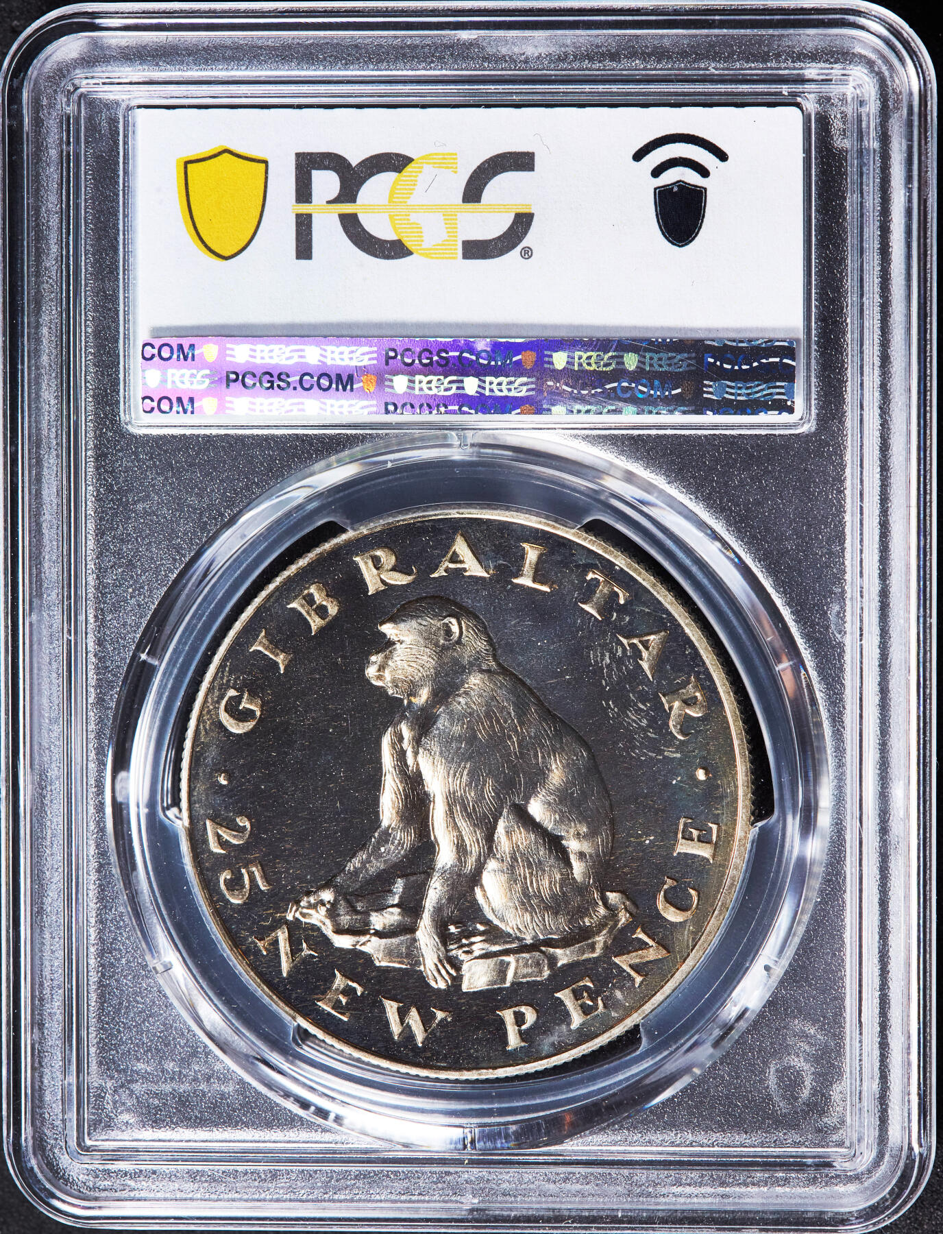 【俄甄集藏】“万象更新、马呈祥瑞”迎新春俄甄精品场-2026年(047)01-21 星期三 晚 19:30 全场包邮 英属直布罗陀1971年伊丽莎白二世25新便士地中海猕猴精制大银币，PCGS PR66，重28.28克，500银，发行量20000枚