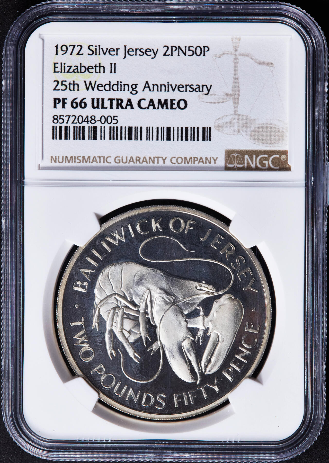 【俄甄集藏】“万象更新、马呈祥瑞”迎新春俄甄精品场-2026年(047)01-21 星期三 晚 19:30 全场包邮 英属泽西岛1972年纪念伊丽莎白二世银婚2镑50便士欧洲龙虾精制大银币，NGC PF66UC，重：27,1克，925银，发行量：1500枚，十分稀少的品种