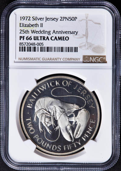【俄甄集藏】“万象更新、马呈祥瑞”迎新春俄甄精品场-2026年(047)01-21 星期三 晚 19:30 全场包邮 - 英属泽西岛1972年纪念伊丽莎白二世银婚2镑50便士欧洲龙虾精制大银币，NGC PF66UC，重：27,1克，925银，发行量：1500枚，十分稀少的品种