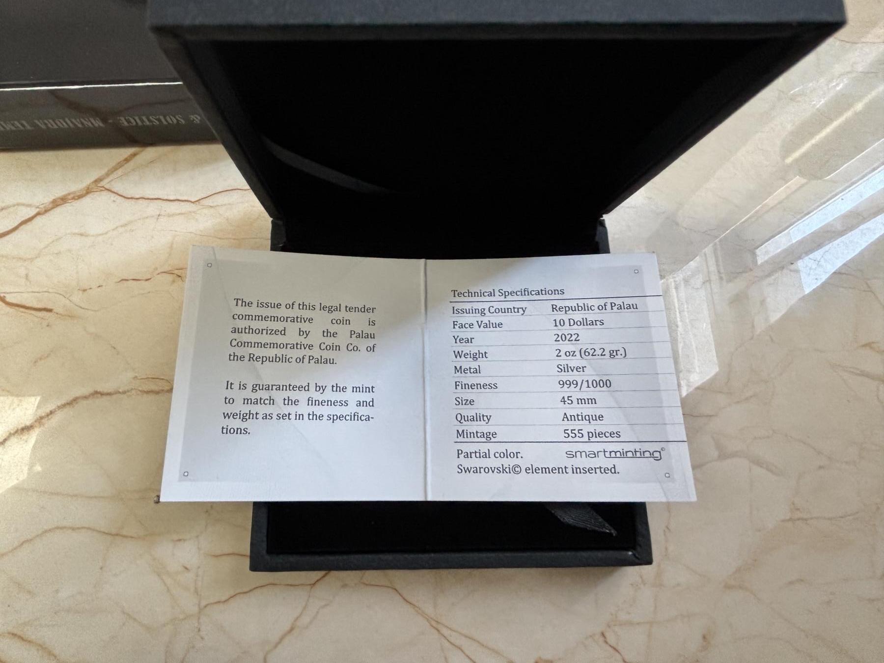 第188期拍卖 帕劳2022年春分冬至系列穆那德利亚2盎司纪念银币NGC-MS70原盒证书，999银，发行555枚