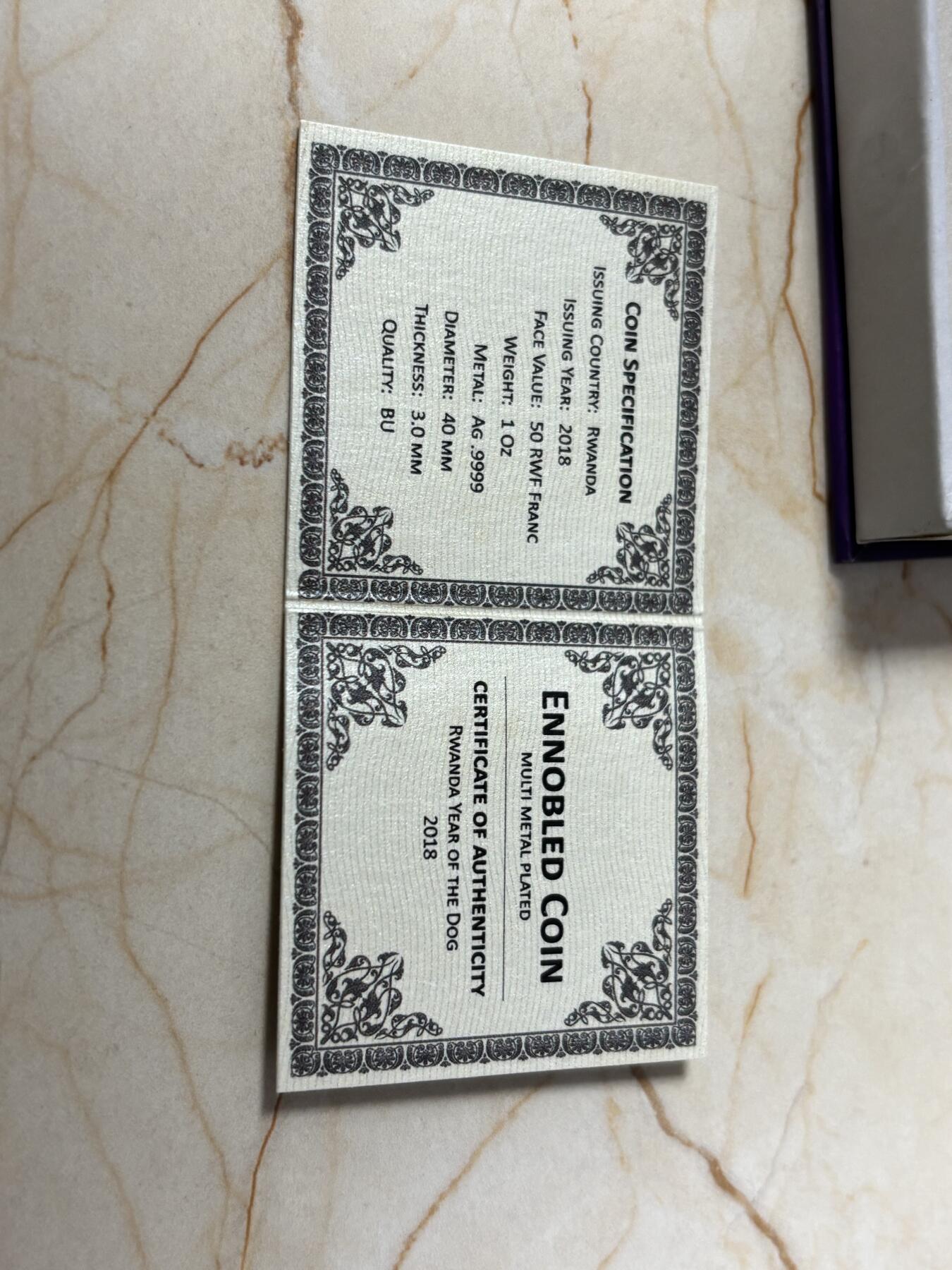 第188期拍卖 卢旺达2018年十二生肖狗年镀金镀钌1盎司纪念银币，9999银