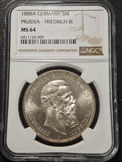 【德藏】世界币章拍卖第162期（拍品征集中~欢迎藏友联系） - 1888年 德国三皇短翅5马克大银币 NGC MS64 原光极其犀利 转光极其强 状态极佳