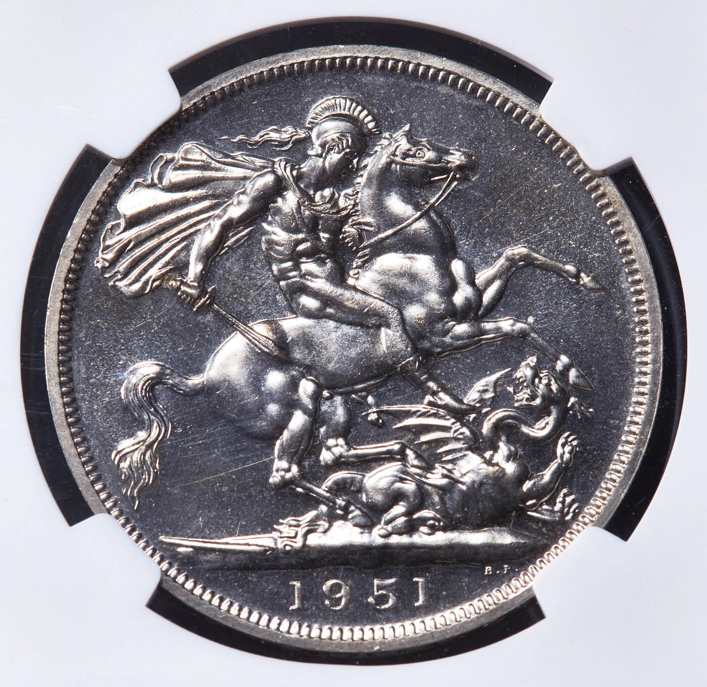 【俄甄集藏】“万象更新、马呈祥瑞”迎新春俄甄精品场-2026年(047)01-21 星期三 晚 19:30 全场包邮 英国1951年乔治五世马剑1克朗纪念币，NGC PL65，类精制底板，转光品相