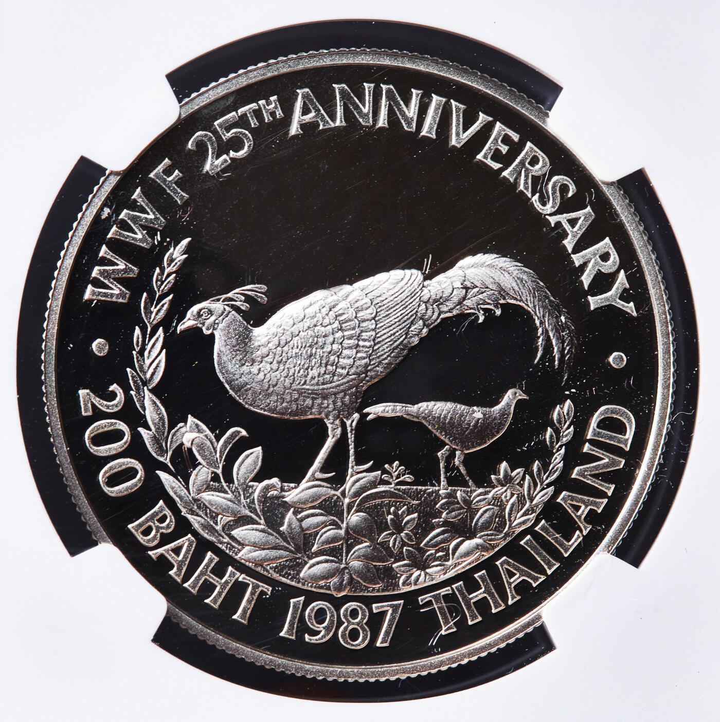 【俄甄集藏】“万象更新、马呈祥瑞”迎新春俄甄精品场-2026年(047)01-21 星期三 晚 19:30 全场包邮 泰国1987年野生动物保护-暹罗火背鹇200铢精制银币，NGC PF68UC，重23.18克，925银，发行量25000枚，设计精美