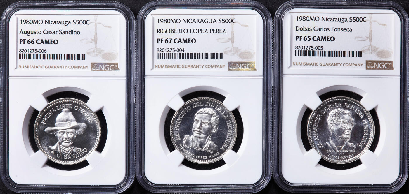 【俄甄集藏】“万象更新、马呈祥瑞”迎新春俄甄精品场-2026年(047)01-21 星期三 晚 19:30 全场包邮 尼加拉瓜1980年纪念革命胜利一周年民族英雄系列500科多巴精制银币3枚套，NGC PF65-67CAMEO，奥古斯托·塞萨尔·桑迪诺、里戈韦托·洛佩斯·佩雷斯、多巴斯·卡洛斯·丰塞卡，单枚重14克，925银，发行量均为7000枚，含纯银共38.85可
